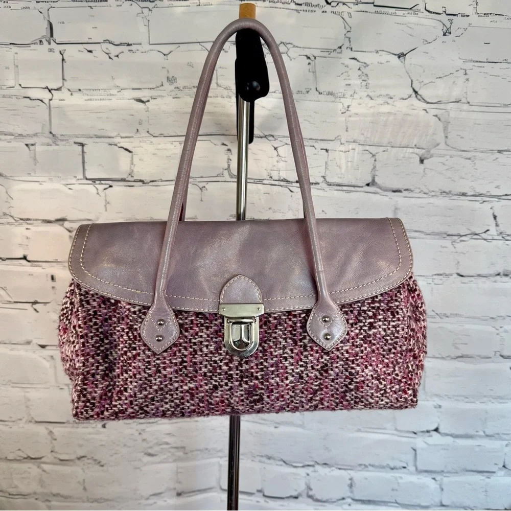 Helen Welsh‎ Elegant Italian Leather and Purple Tweed Shoulder Bag